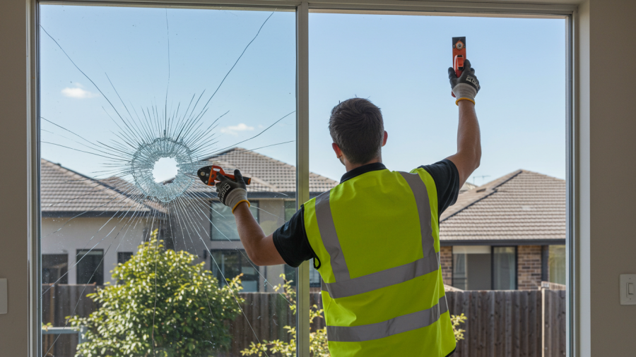 Licensed glass glazier in Melbourne replacing a broken window at a modern suburban home