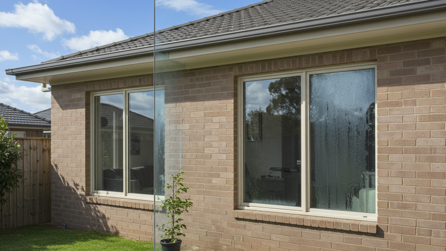 Side-by-side comparison of single glazed and double glazed windows on a modern Australian home showing insulation differences.
